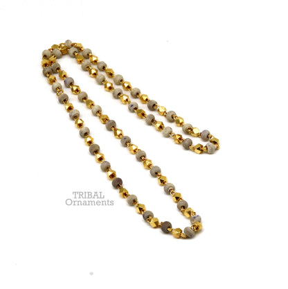 Sterling silver handmade wooden basil rosary beads with silver chain and gold-polished necklace, tribal Tribal Ornaments Tulsi Mala.