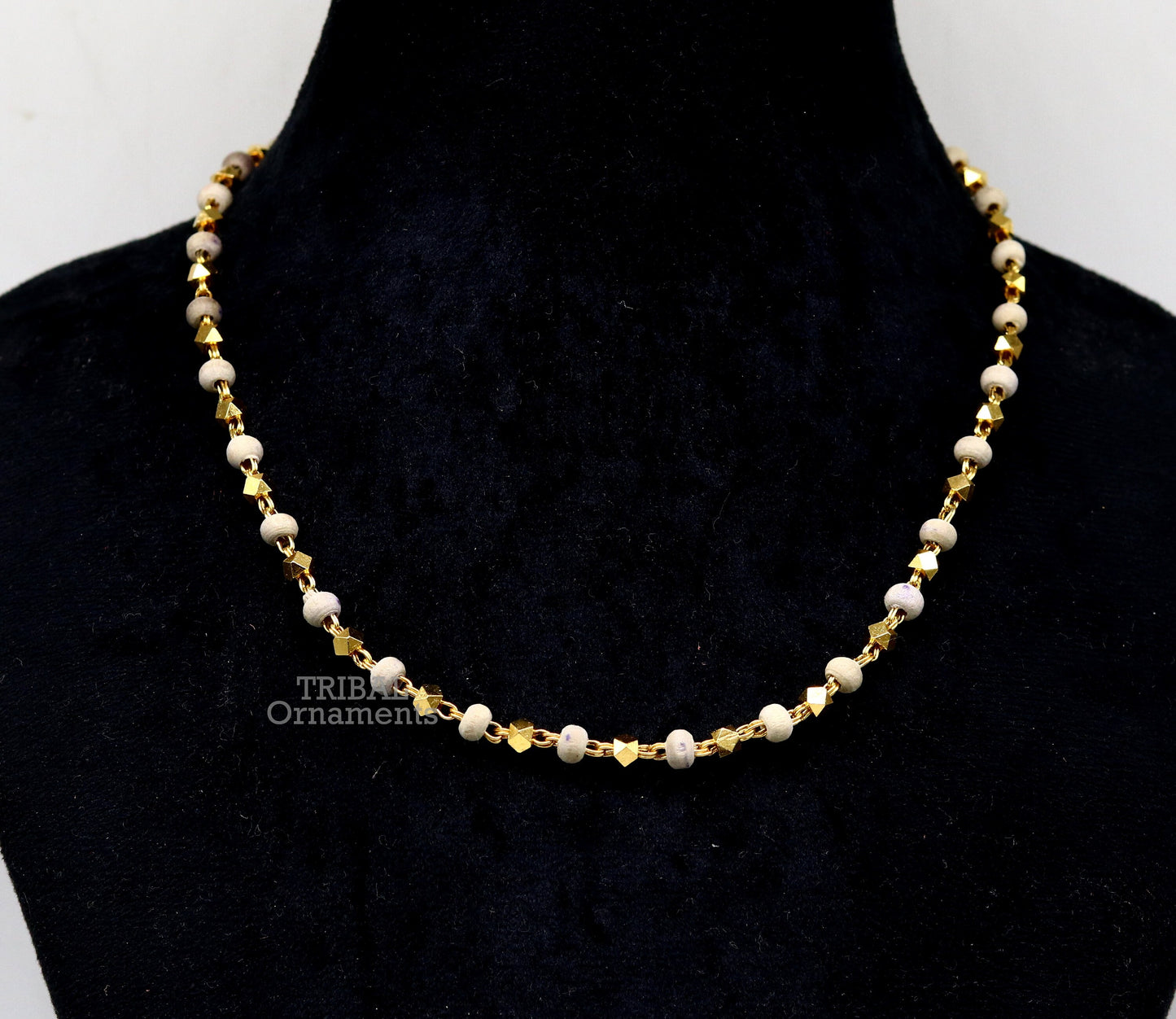 Sterling silver handmade wooden beads basil rosary beads silver chain over gold polished necklace, tulsi mala customized necklace ch160 - TRIBAL ORNAMENTS