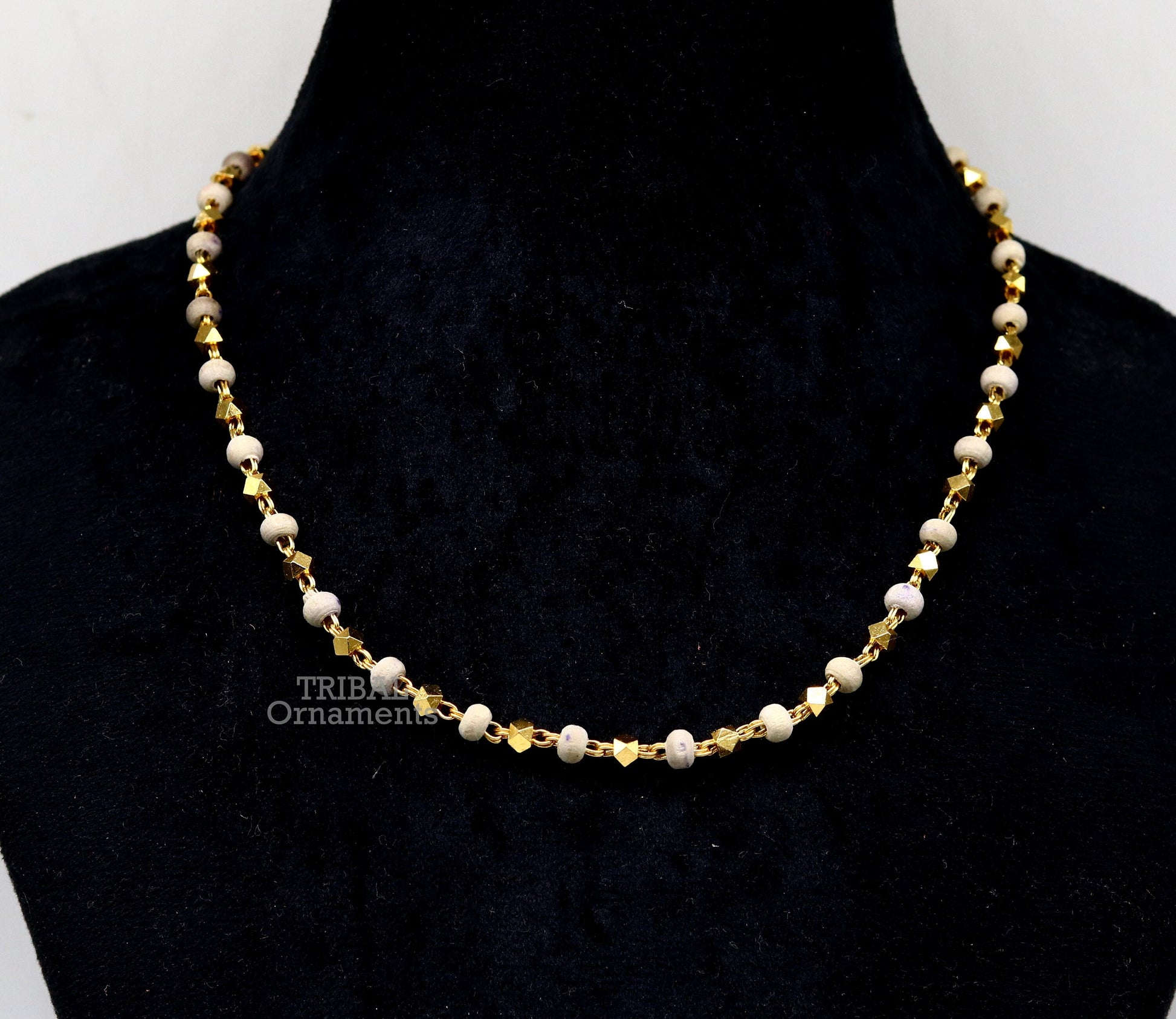 Sterling silver handmade wooden beads basil rosary beads silver chain over gold polished necklace, tulsi mala customized necklace ch160 - TRIBAL ORNAMENTS