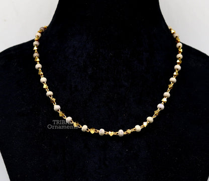 Sterling silver handmade wooden beads basil rosary beads with silver chain over gold polished necklace, tribal ornament tulsi mala.