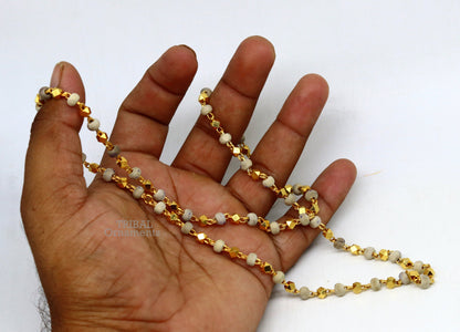 Sterling silver handmade wooden basil rosary beads on silver chain with gold-polished necklace, tribal-inspired tulsi mala, custom jewelry.