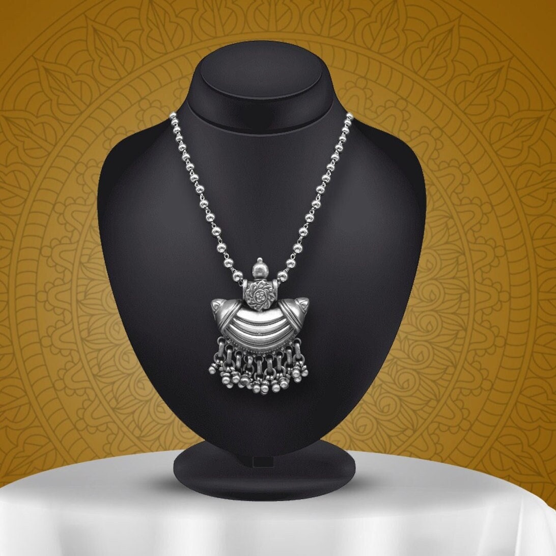 Traditional tribal style 925 sterling silver beaded long chain necklace, Indian ethnic jewelry by TRIBAL ORNAMENTS