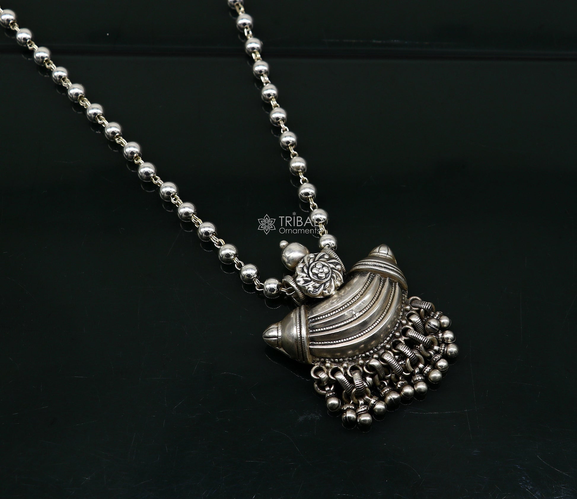Traditional tribal 925 sterling silver beaded long chain necklace, Indian bridal ethnic jewelry by TRIBAL ORNAMENTS.