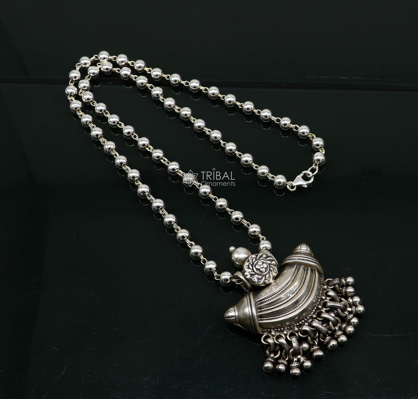 Traditional tribal 925 sterling silver beaded long chain necklace, ethnic jewelry for brides, by TRIBAL ORNAMENTS.