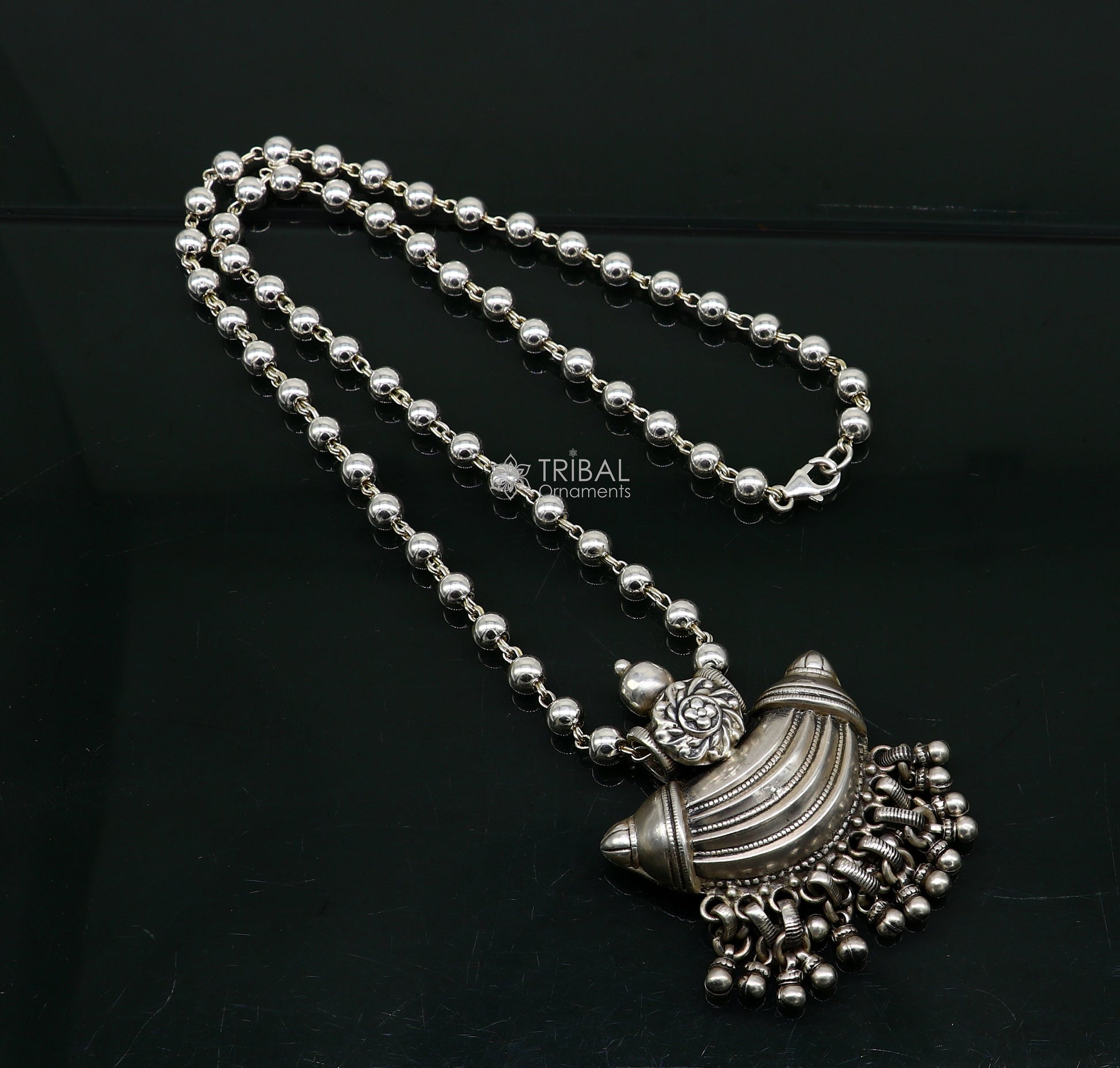 Traditional tribal 925 sterling silver beaded long chain necklace, ethnic jewelry for brides, by TRIBAL ORNAMENTS.