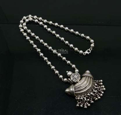 Traditional tribal 925 sterling silver beaded long chain necklace, ethnic jewelry for brides, by TRIBAL ORNAMENTS.
