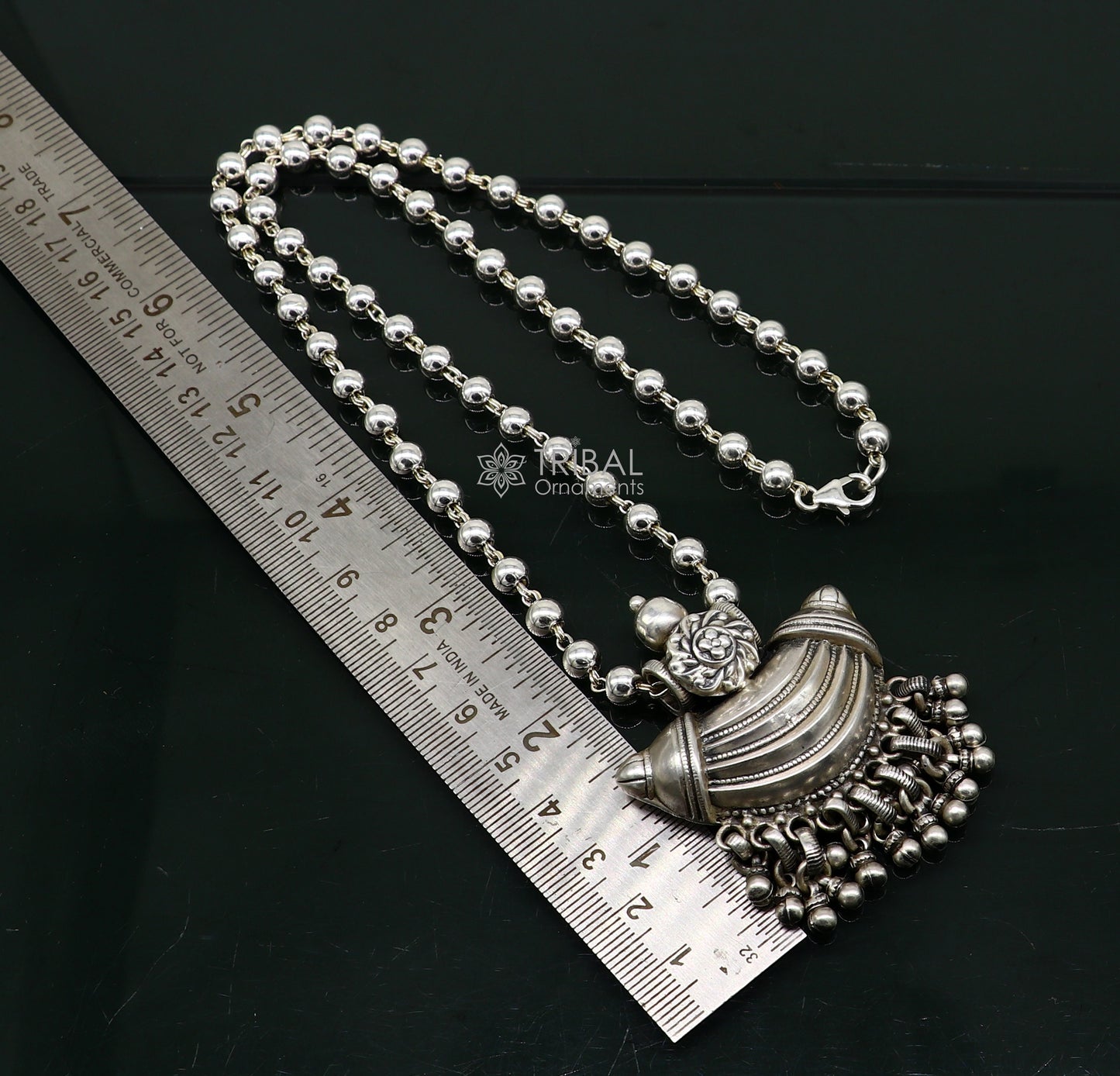 Traditional tribal style 925 sterling silver beaded long chain necklace, ethnic Indian jewelry, designed for brides and special occasions.