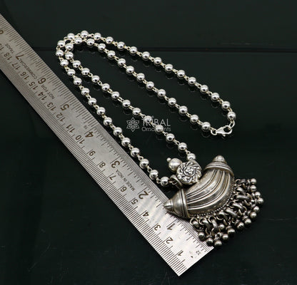 Traditional tribal style 925 sterling silver beaded long chain necklace, ethnic Indian jewelry, designed for brides and special occasions.