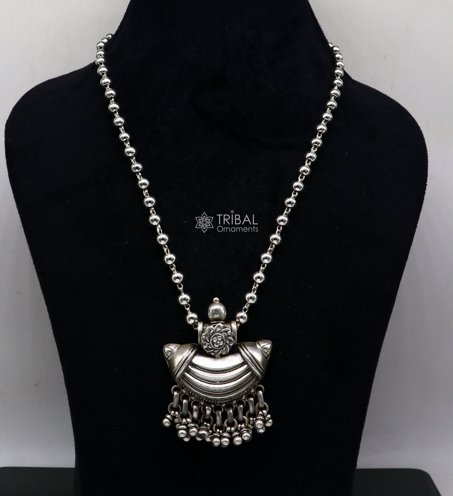 Traditional tribal style 925 sterling silver beaded long chain necklace from TRIBAL ORNAMENTS, ideal for brides and ethnic jewelry.
