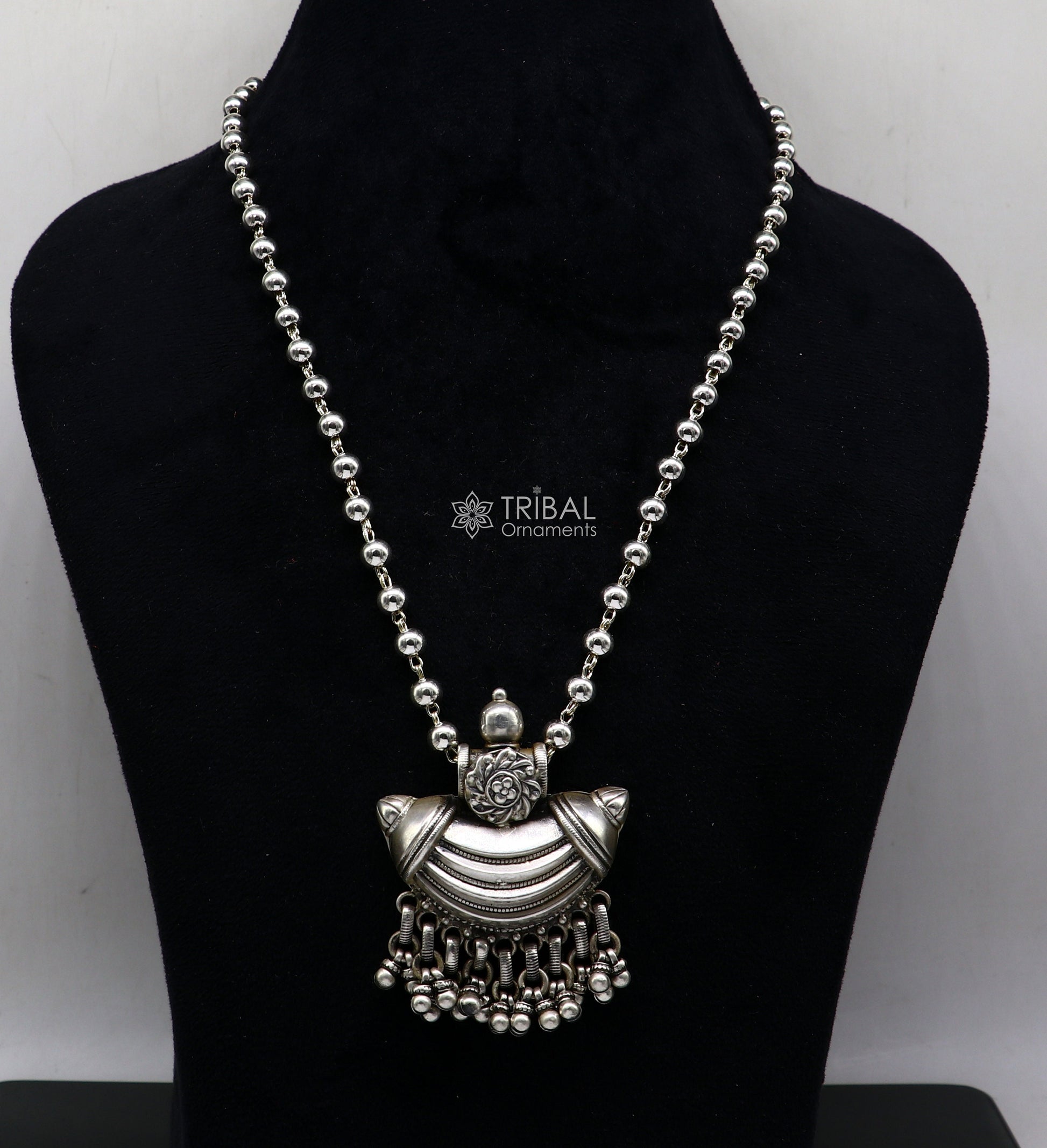 Traditional tribal style 925 sterling silver beaded long chain necklace from TRIBAL ORNAMENTS, ideal for brides and ethnic jewelry.