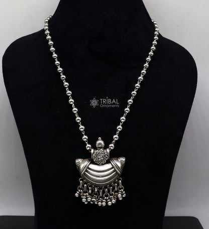 Traditional tribal style 925 sterling silver beaded long chain necklace from TRIBAL ORNAMENTS, ideal for brides and ethnic jewelry.