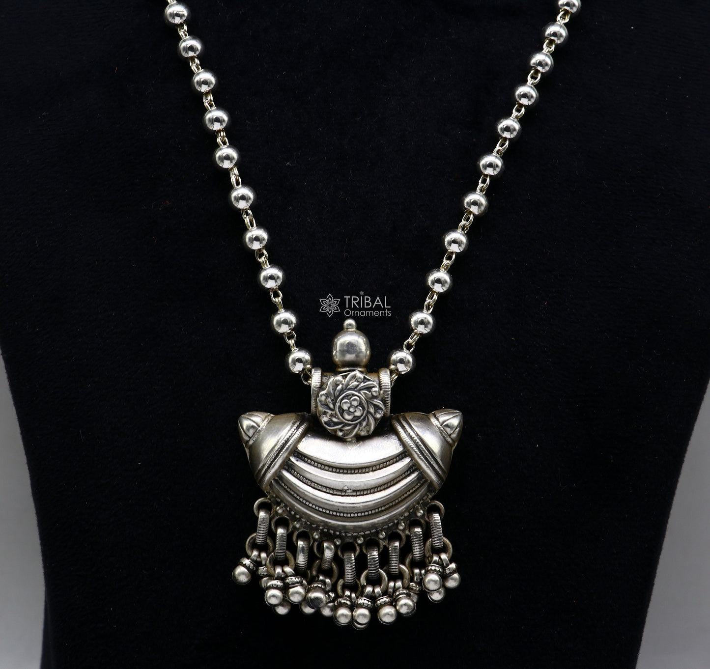 Traditional tribal style 925 sterling silver beaded long chain necklace, ethnic jewelry set for brides by TRIBAL ORNAMENTS.