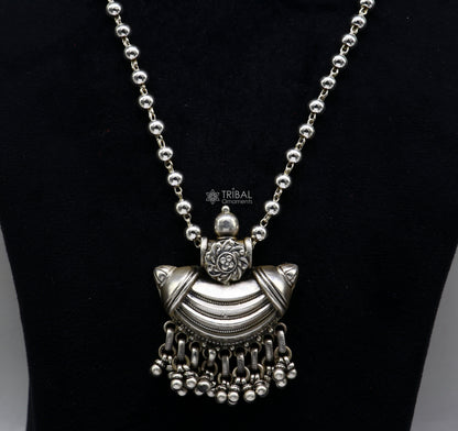 Traditional tribal style 925 sterling silver beaded long chain necklace, ethnic jewelry set for brides by TRIBAL ORNAMENTS.