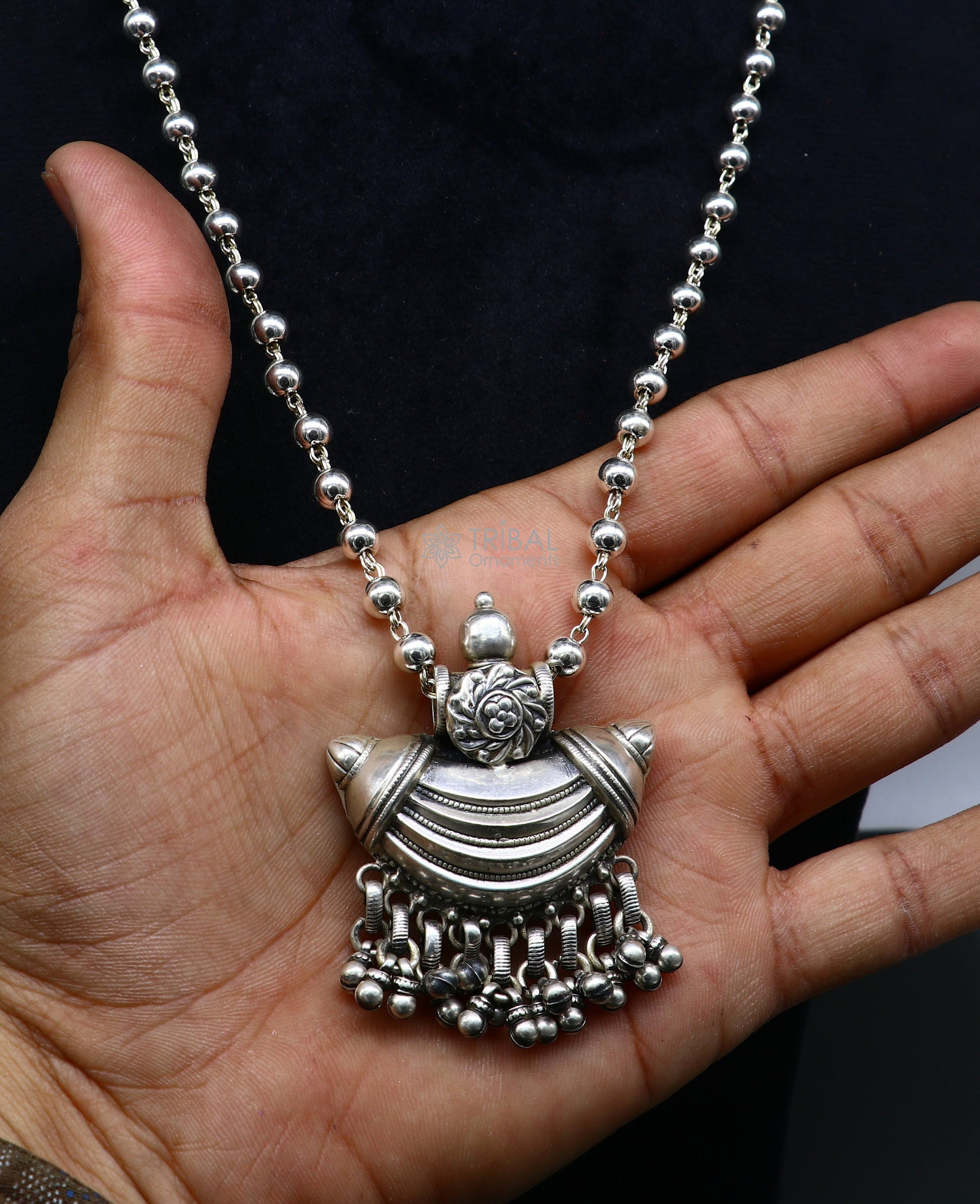 Traditional tribal-style 925 sterling silver beaded long chain necklace by TRIBAL ORNAMENTS, ideal for brides and ethnic Indian jewelry.