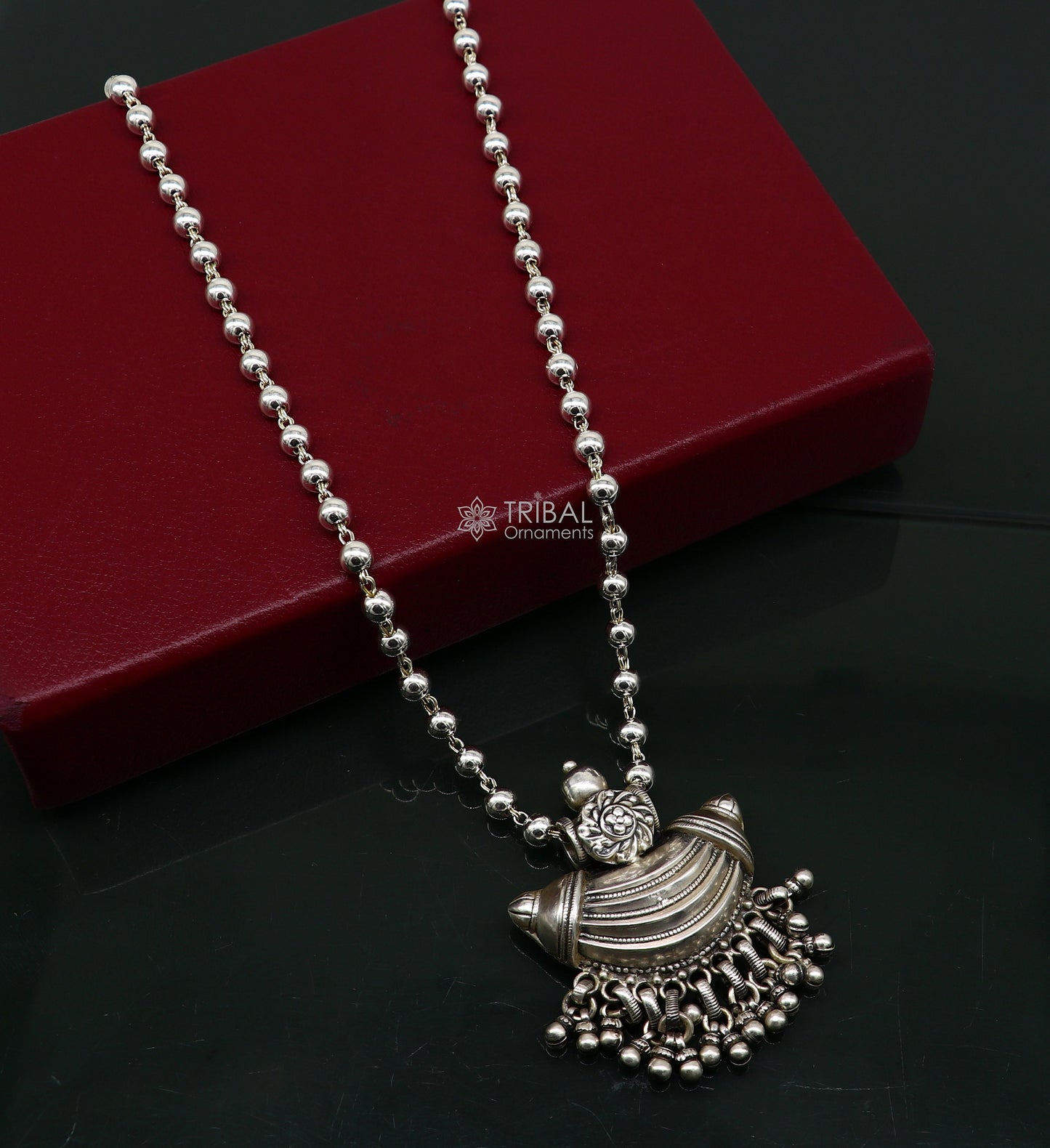 Traditional tribal style 925 sterling silver beaded long chain necklace, ethnic Indian jewelry by TRIBAL ORNAMENTS.