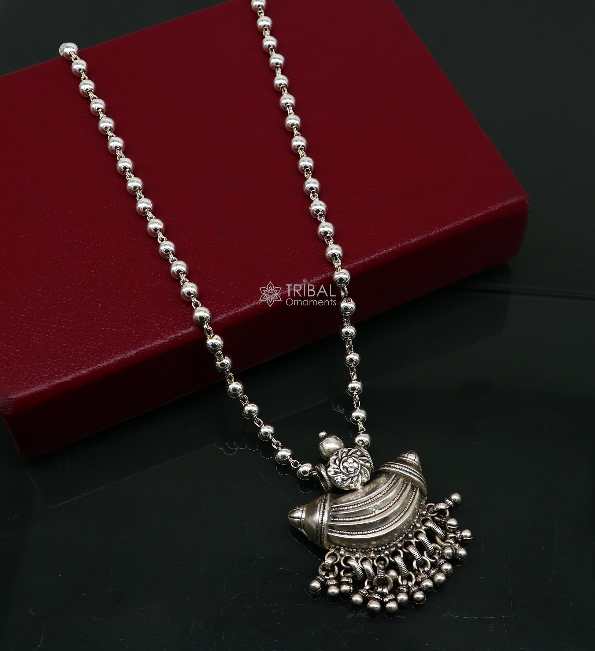 Traditional tribal style 925 sterling silver beaded long chain necklace, ethnic Indian jewelry by TRIBAL ORNAMENTS.