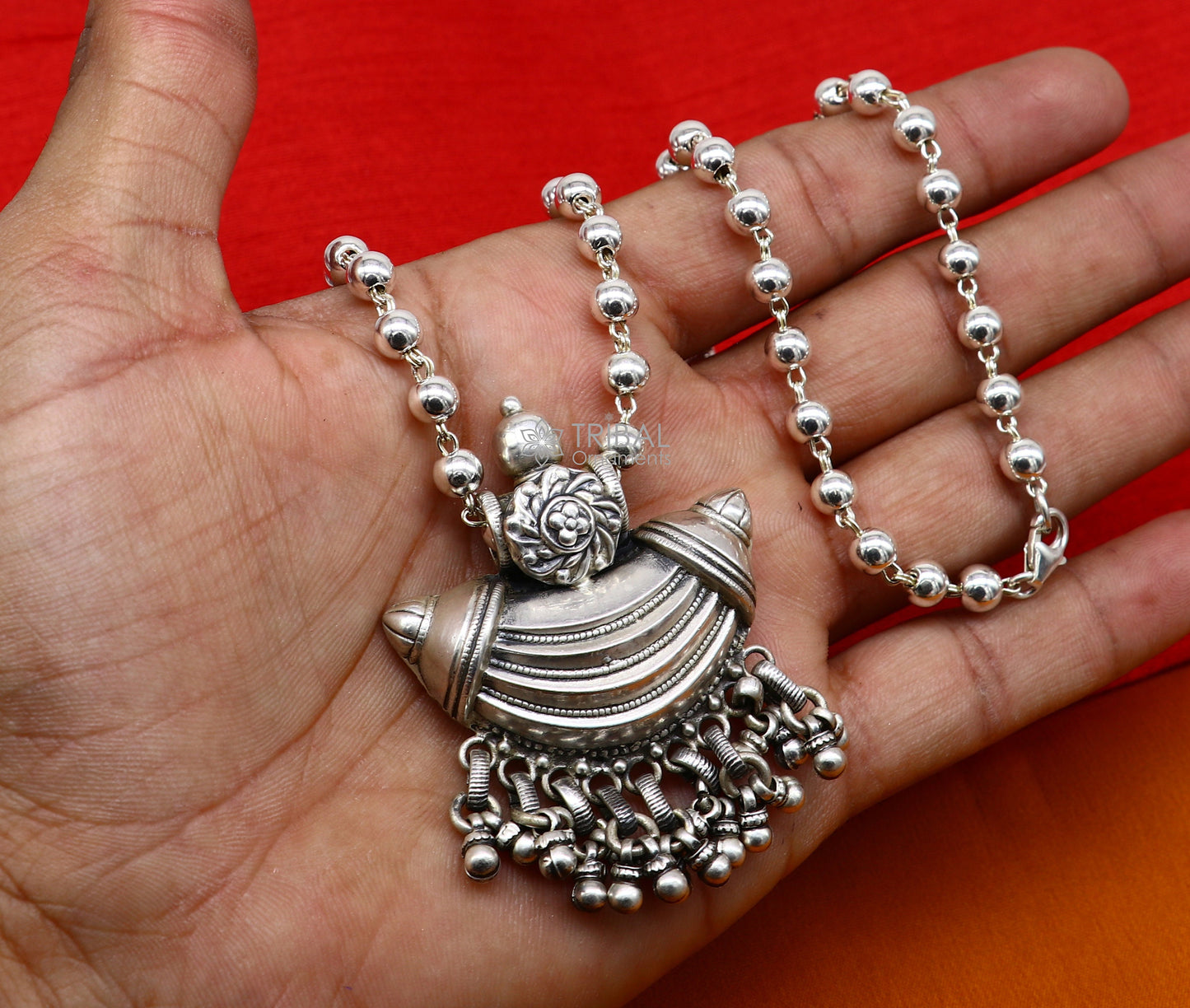 Traditional Indian tribal beaded silver necklace by TRIBAL ORNAMENTS, featuring long chain and ethnic jewelry design.