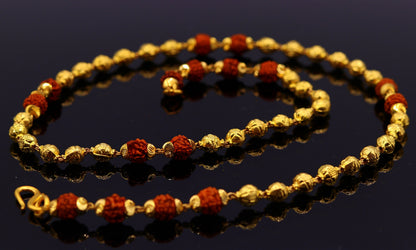 Vintage 22K yellow gold handmade engraved beads chain with natural 5 Mukhi Rudraksha, unisex spiritual necklace, hallmarked 916.