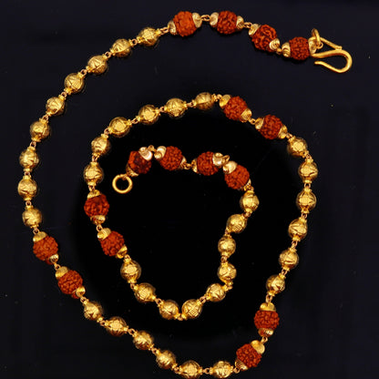 Vintage 22K yellow gold handmade beads chain with natural 5 Mukhi Rudraksha, unisex spiritual necklace, hallmarked 916 by TRIBAL ORNAMENTS.