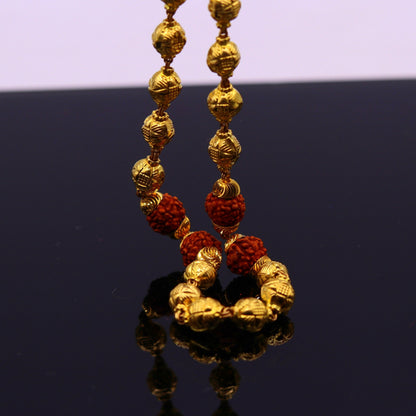 Vintage 22K yellow gold handmade beaded chain with engraved design and natural 5 Mukhi Rudraksha, unisex spiritual necklace.