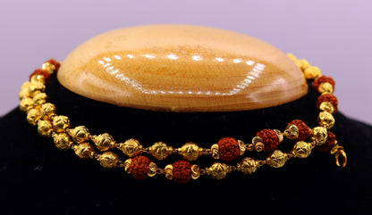 Vintage 22K yellow gold handmade engraved beads chain with natural 5 Mukhi Rudraksha, unisex spiritual necklace, hallmarked 916.