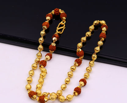 Vintage 22K yellow gold handmade beads chain with natural 5 Mukhi Rudraksha, unisex spiritual necklace, hallmarked 916.