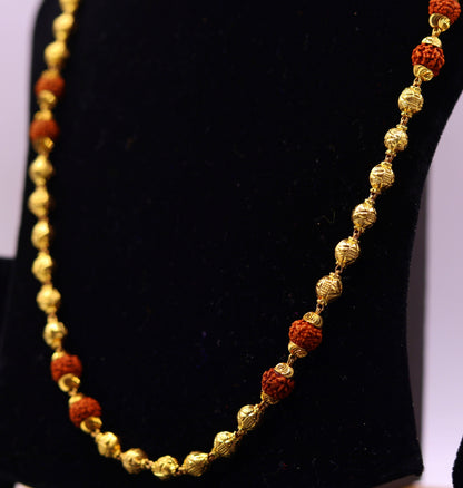 Vintage 22K yellow gold handmade engraved beads chain with natural 5 Mukhi Rudraksha, unisex spiritual necklace, hallmarked 916.