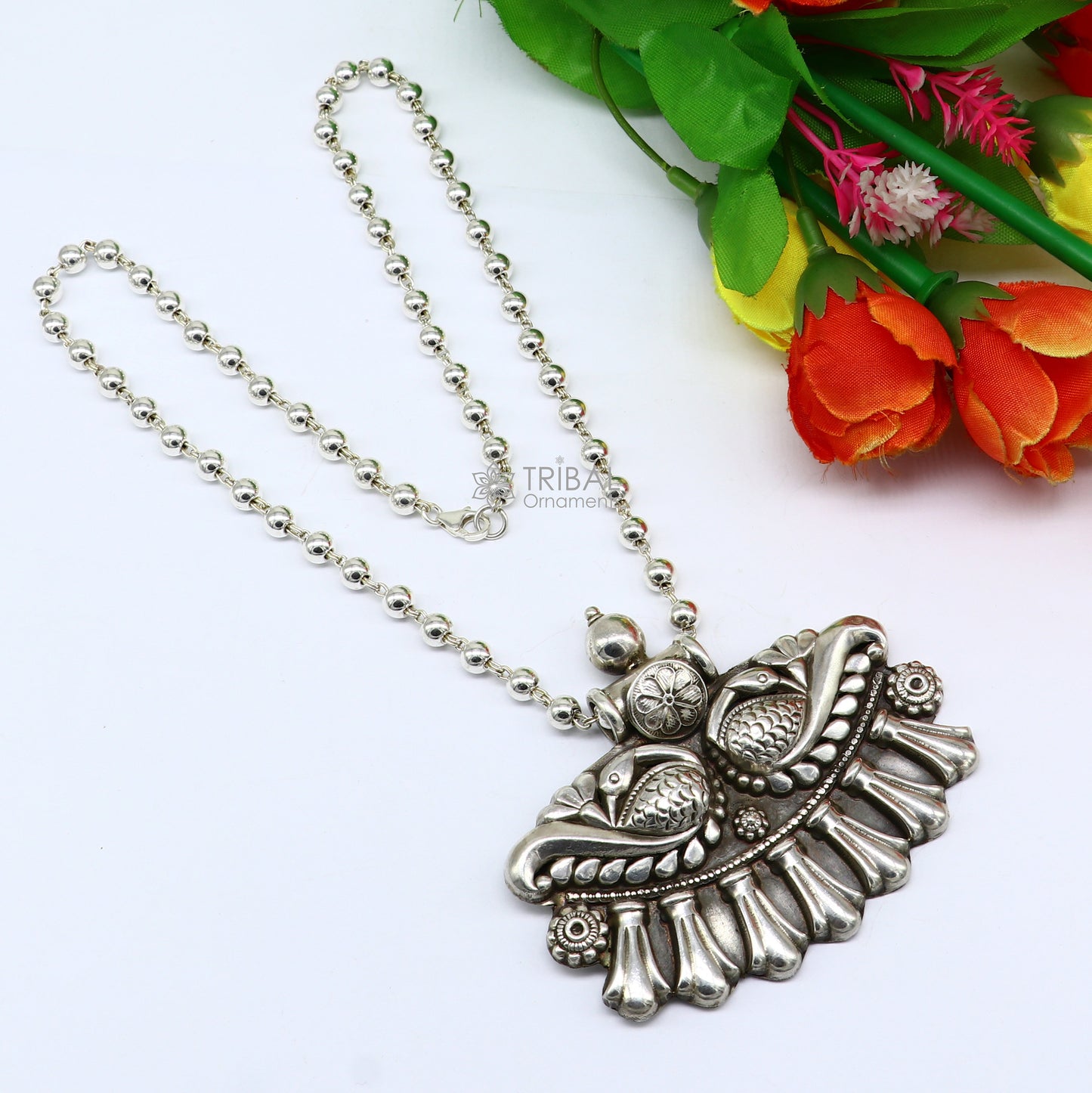 Vintage tribal-style 925 sterling silver long necklace with ethnic pendant, handcrafted jewelry by TRIBAL ORNAMENTS.