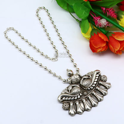 Vintage tribal-style 925 sterling silver long necklace with ethnic pendant, handcrafted jewelry by TRIBAL ORNAMENTS.