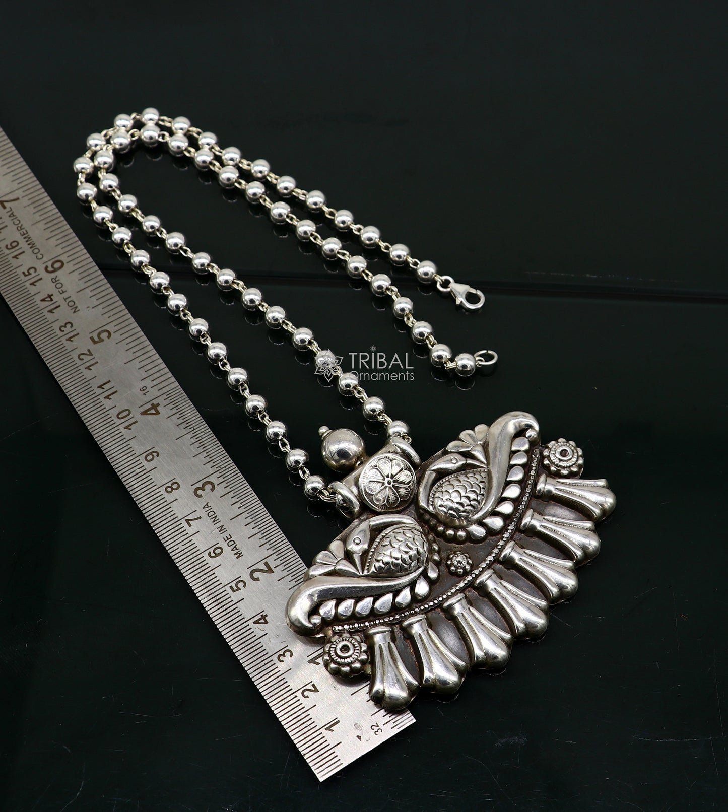 Vintage tribal style 925 sterling silver long necklace with ethnic pendant, handmade jewelry by Tribal Ornaments.