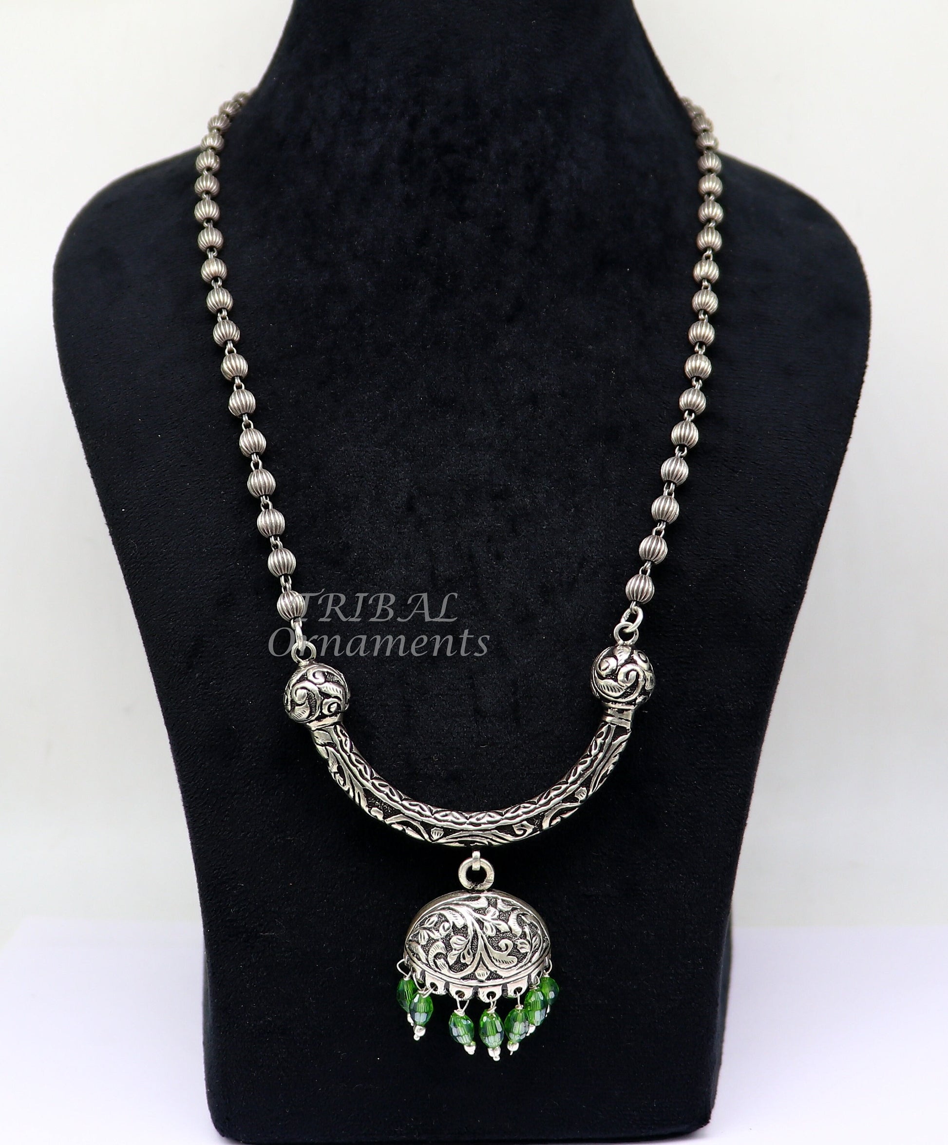 925 sterling silver beaded long necklace with unique traditional design by TRIBAL ORNAMENTS, featuring 5.5mm beads and cultural style.