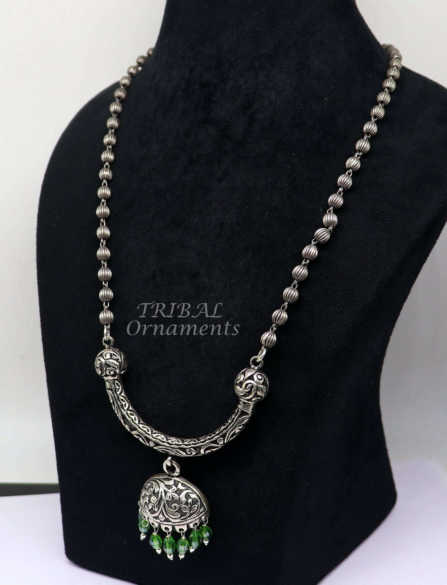 925 sterling silver beaded long necklace with traditional tribal design, handmade, trendy, and functional jewelry set by TRIBAL ORNAMENTS