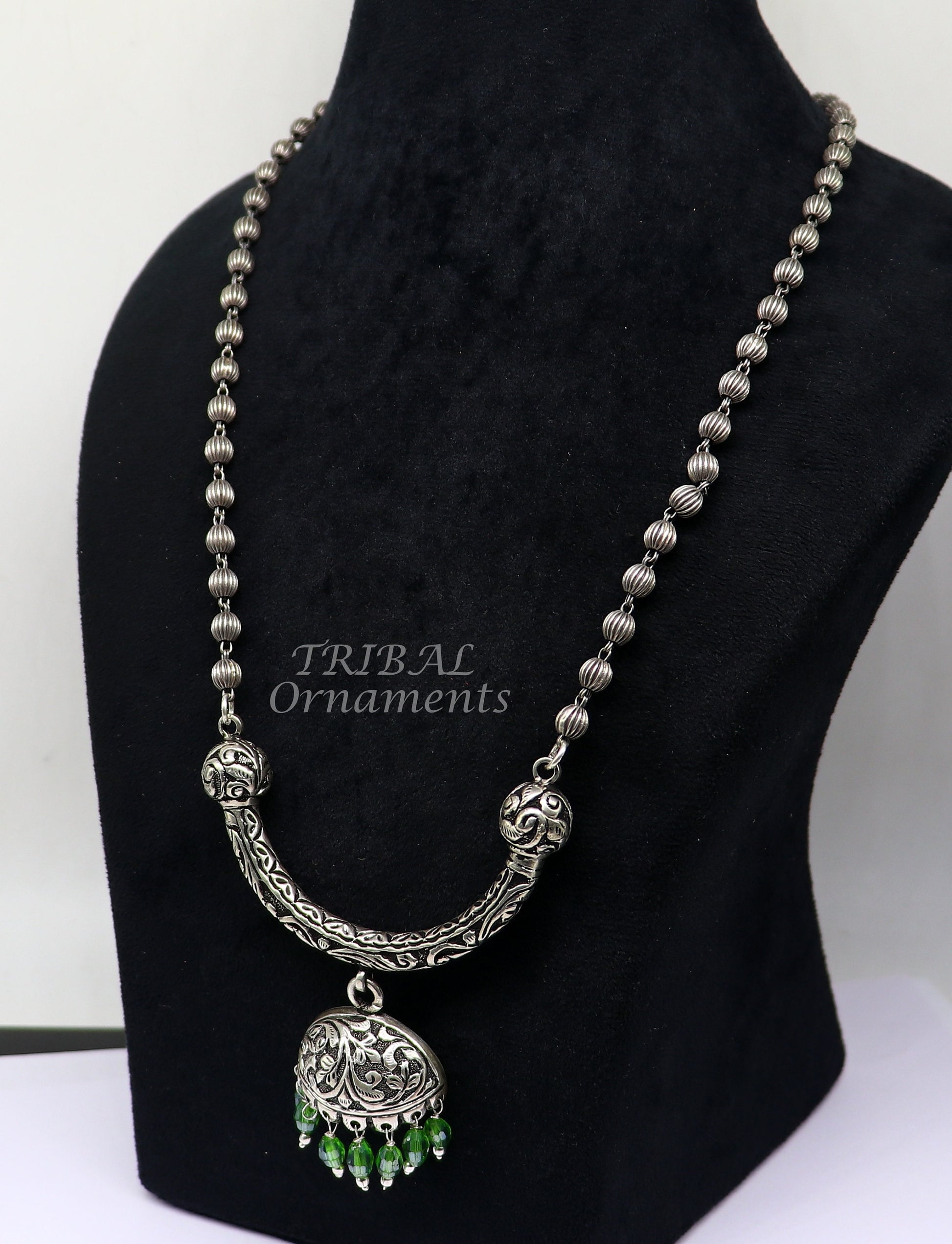 925 sterling silver beaded long necklace with traditional tribal design, handmade, trendy, and functional jewelry set by TRIBAL ORNAMENTS