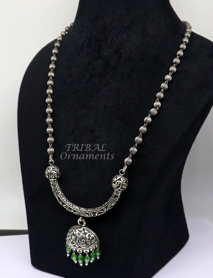 925 sterling silver beaded long necklace with traditional tribal design, handmade, trendy, and functional jewelry set by TRIBAL ORNAMENTS