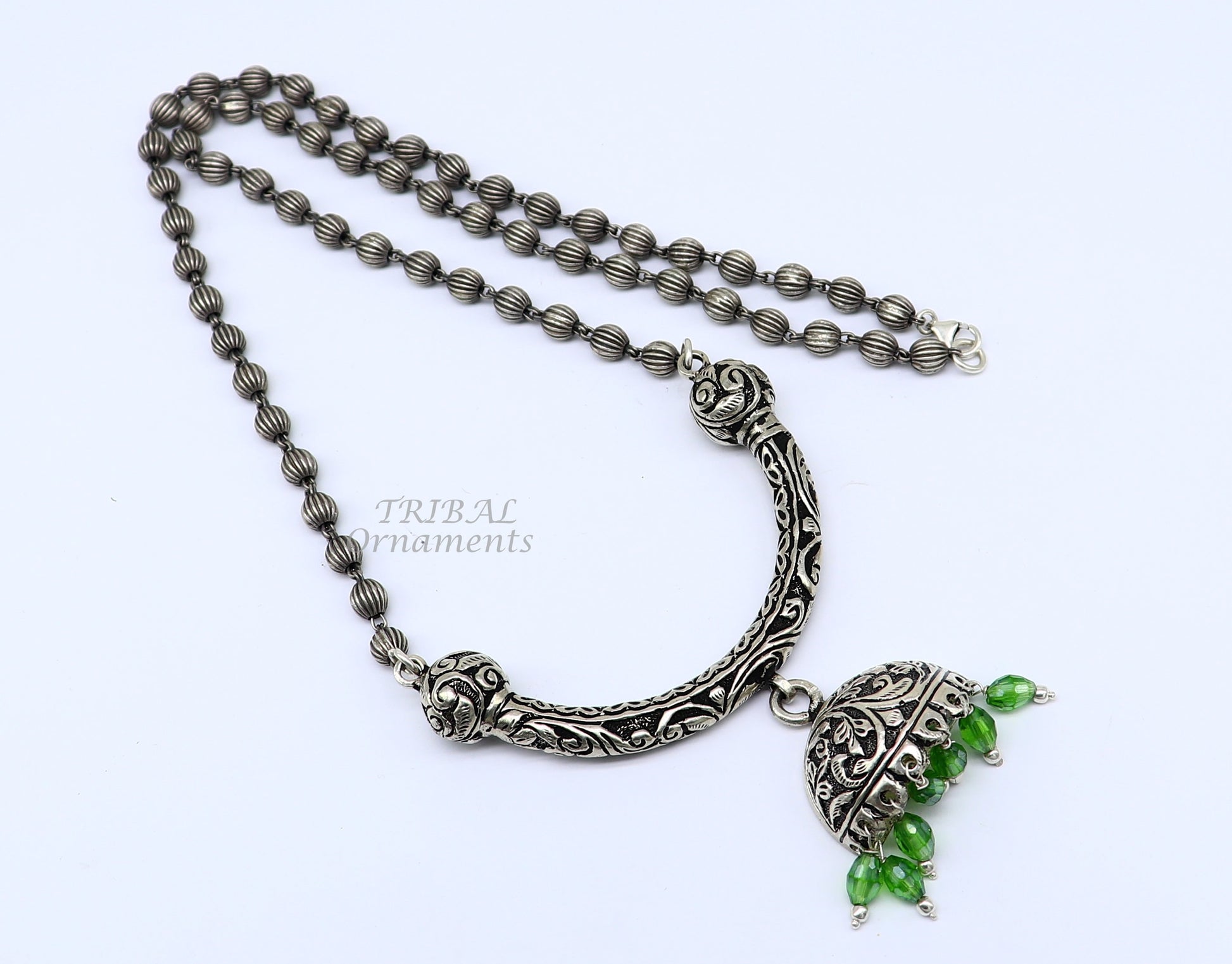 925 silver beaded long necklace with unique traditional design by TRIBAL ORNAMENTS, showcasing handmade cultural jewelry set.