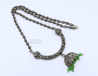 925 silver beaded long necklace with unique traditional design by TRIBAL ORNAMENTS, showcasing handmade cultural jewelry set.