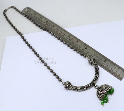 Sterling silver 5.5mm beaded long necklace with traditional and trendy design, handmade jewelry by TRIBAL ORNAMENTS.