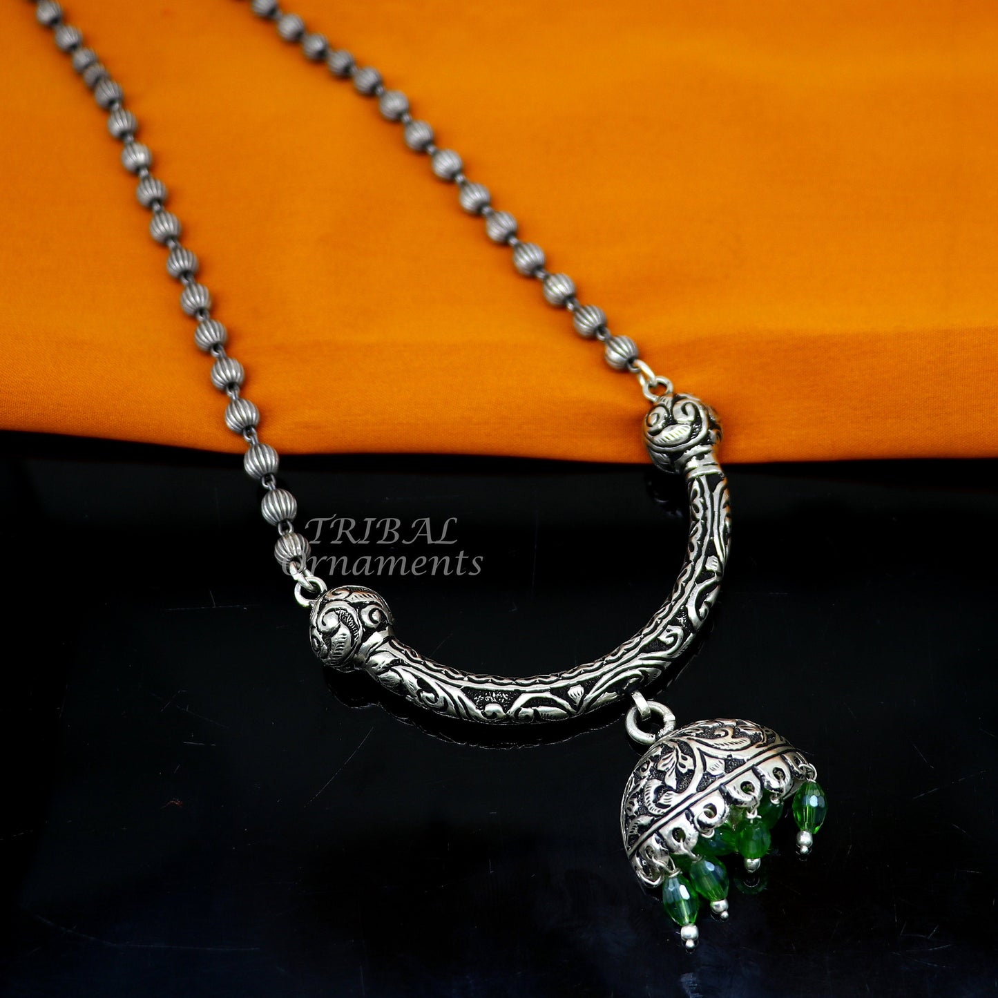 925 sterling silver beaded long necklace with traditional tribal design, featuring 5.5mm beads and trendy, functional jewelry style.