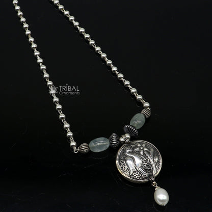 Sterling silver handmade beaded necklace with peacock pendant and hanging drops from TRIBAL ORNAMENTS ethnic tribal jewelry set.
