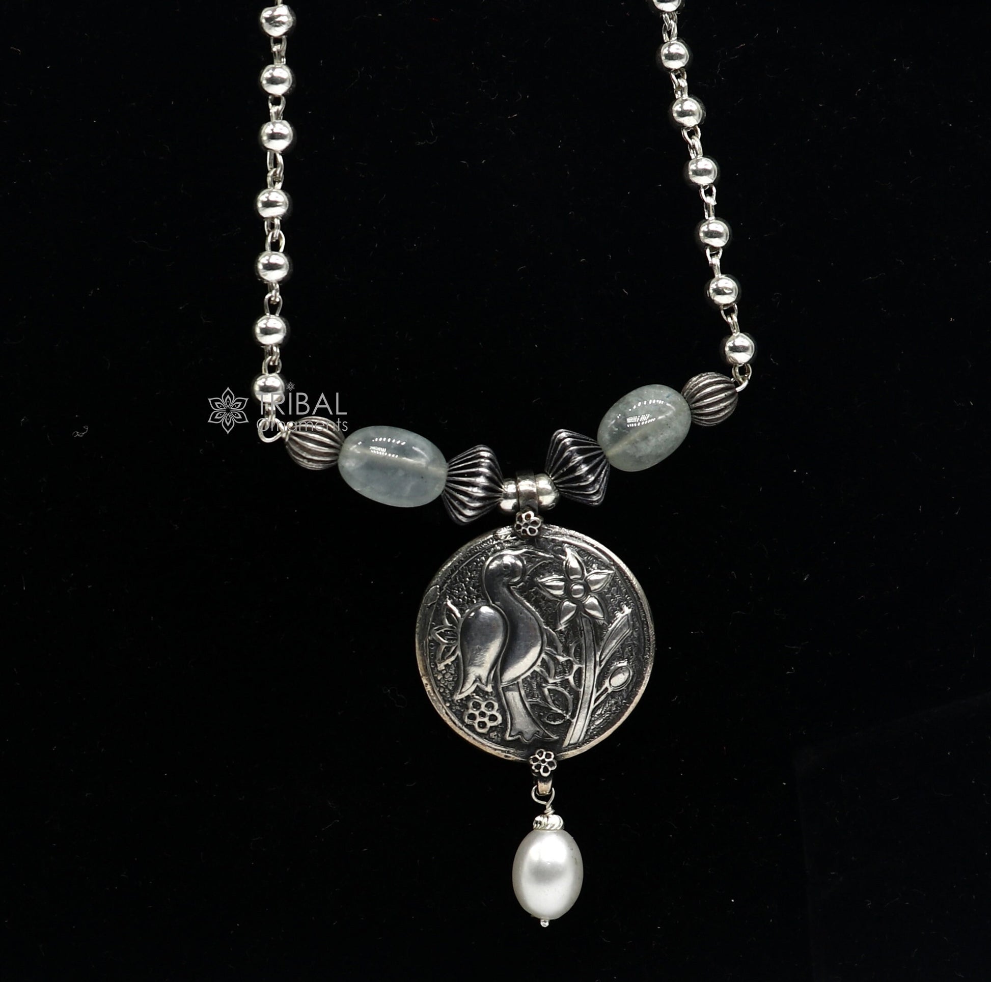 Sterling silver handmade vintage beaded chain necklace with a peacock pendant and hanging drops, tribal tribal ornaments jewelry set