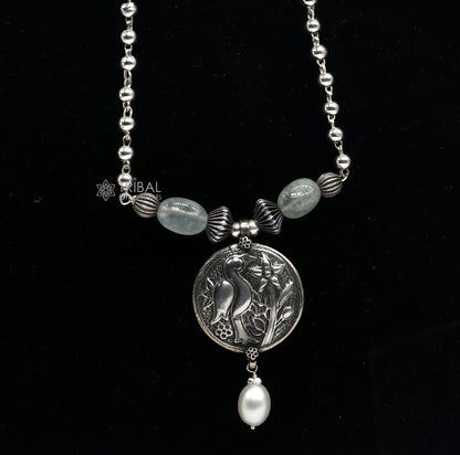 Sterling silver handmade vintage beaded chain necklace with a peacock pendant and hanging drops, tribal tribal ornaments jewelry set