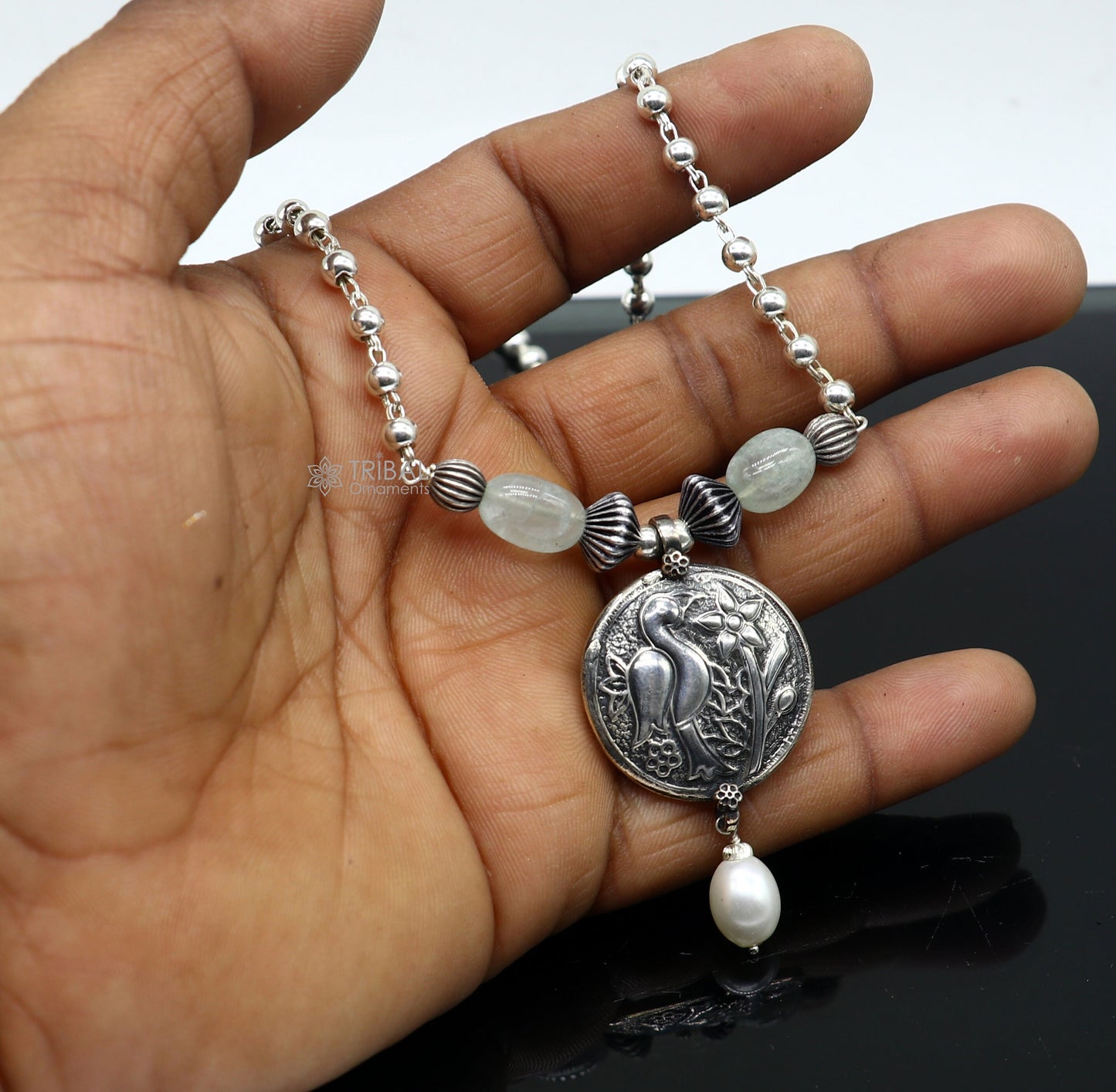 Sterling silver handmade vintage beaded chain necklace with peacock pendant and hanging drops, ethnic tribal long jewelry set.