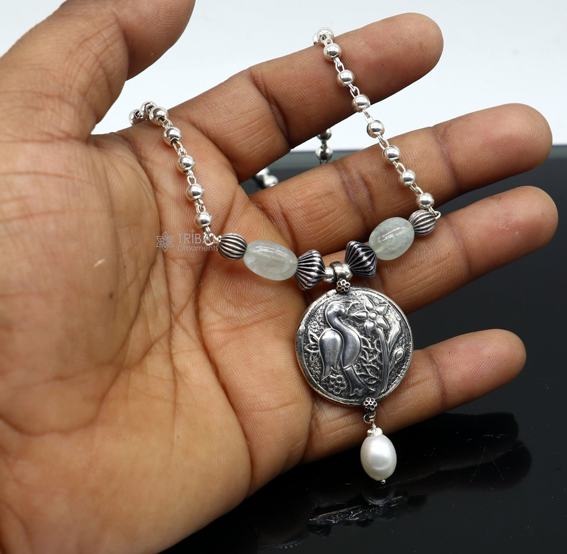 Sterling silver handmade vintage beaded chain necklace with peacock pendant and hanging drops, ethnic tribal long jewelry set.
