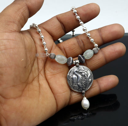 Sterling silver handmade vintage beaded chain necklace with peacock pendant and hanging drops, ethnic tribal long jewelry set.