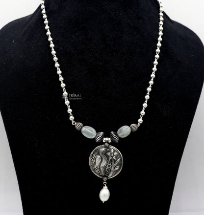 Sterling silver handmade vintage beaded chain necklace with peacock pendant and hanging drops, ethnic tribal long jewelry set.