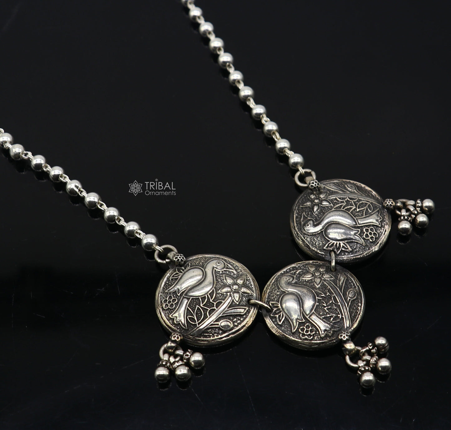 Sterling silver handmade vintage beaded chain necklace with peacock pendant, hanging drops, tribal jewelry set by TRIBAL ORNAMENTS