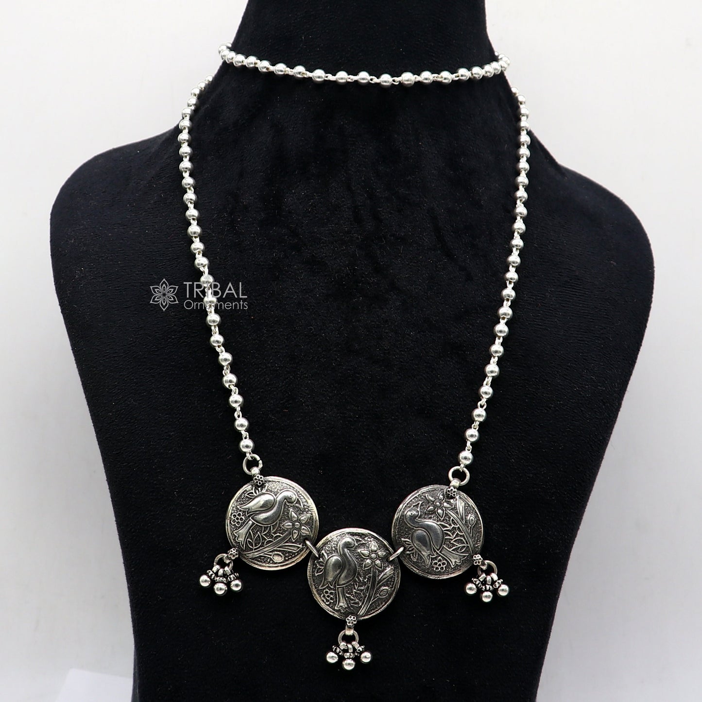 Sterling silver handmade vintage beaded chain necklace with peacock pendant and hanging drops, tribal long jewelry set by TRIBAL ORNAMENTS