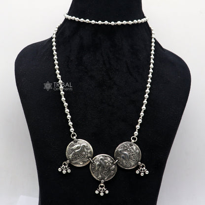 Sterling silver handmade vintage beaded chain necklace with peacock pendant and hanging drops, tribal long jewelry set by TRIBAL ORNAMENTS