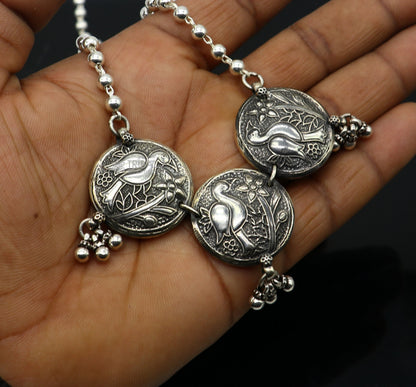 Sterling silver handmade vintage beaded chain necklace with peacock pendant and hanging drops, tribal ethnic jewelry set.