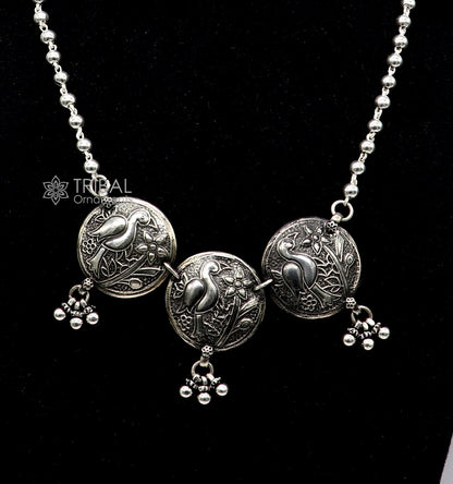 Sterling silver handmade vintage beaded chain necklace with peacock pendant and hanging drops, tribal ethnic jewelry set.
